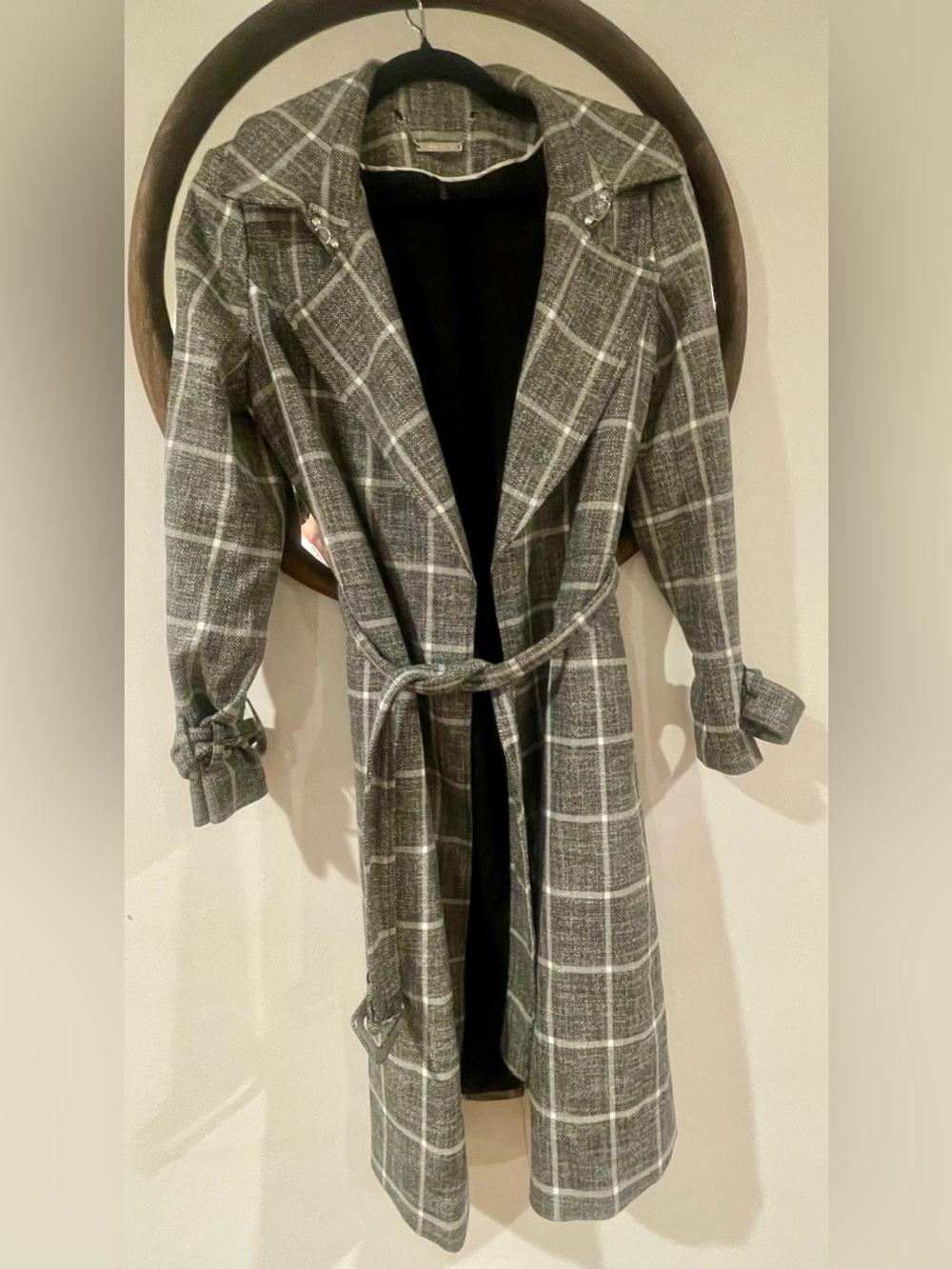 White House Black Market Gray Windowpane Plaid Belted Trench Coat